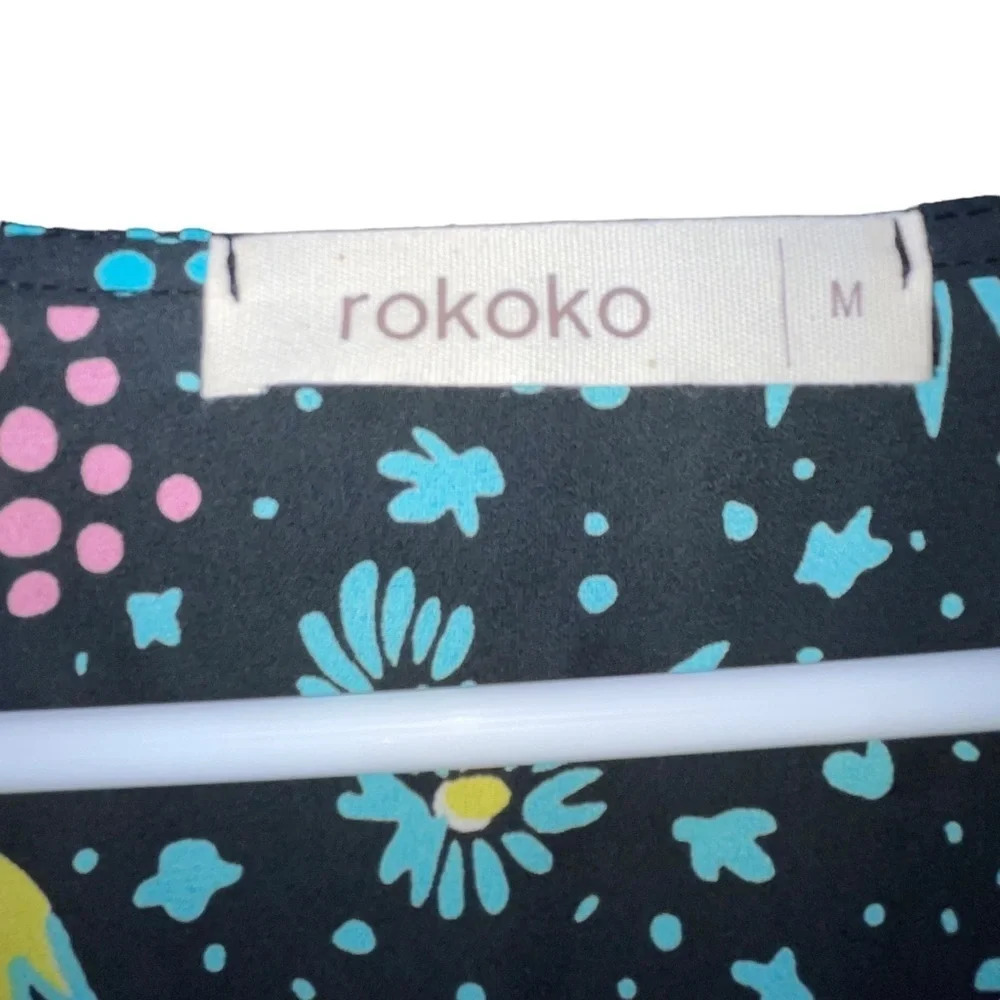Rokoko Peplum Top Black Floral Button Up Size Medium Boho Long Sleeve Colorful - Picture 4 of 6